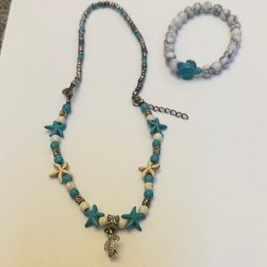 Starfish Charm Necklace and Bracelet Set with turtle